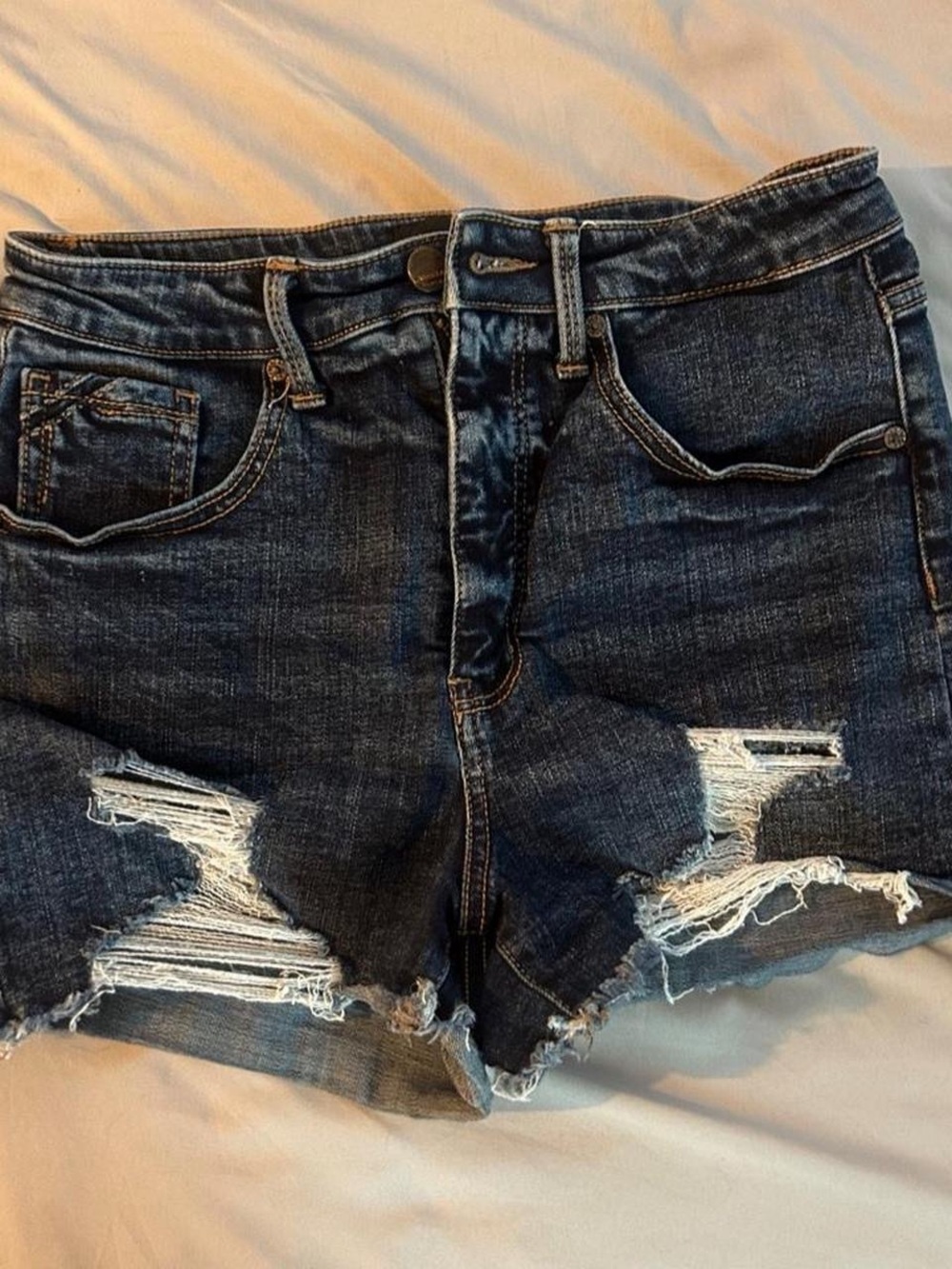 Buckle Dark Blue Distressed Denim Shorts